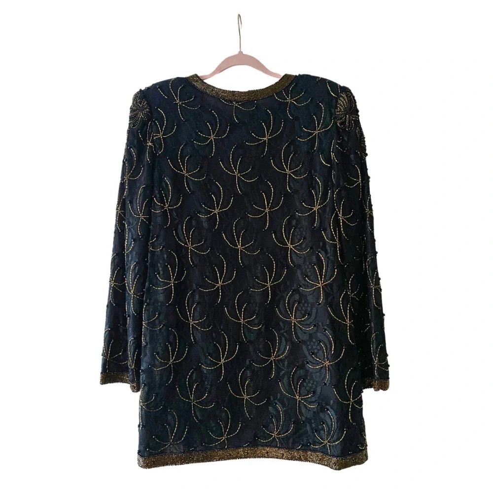LAURENCE KAZAR XL Black Gold Beaded Jacket Blazer Evening Holiday Cocktail Top - Picture 3 of 13